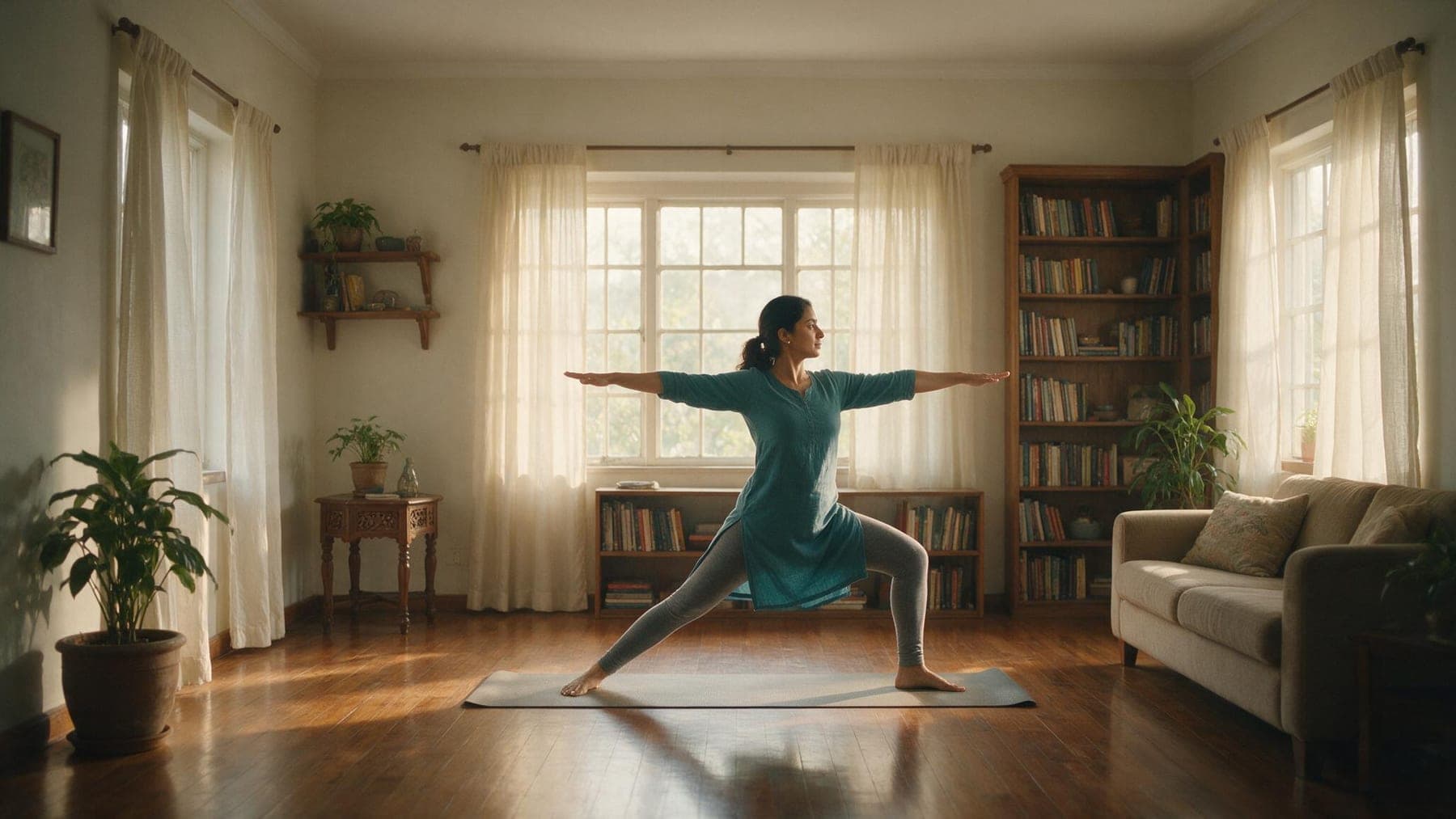 A woman practising yoga on a mat in her living room