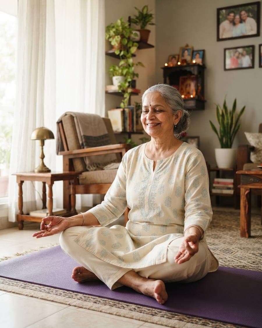A woman sitting cross-legged on a mat at home, meditating